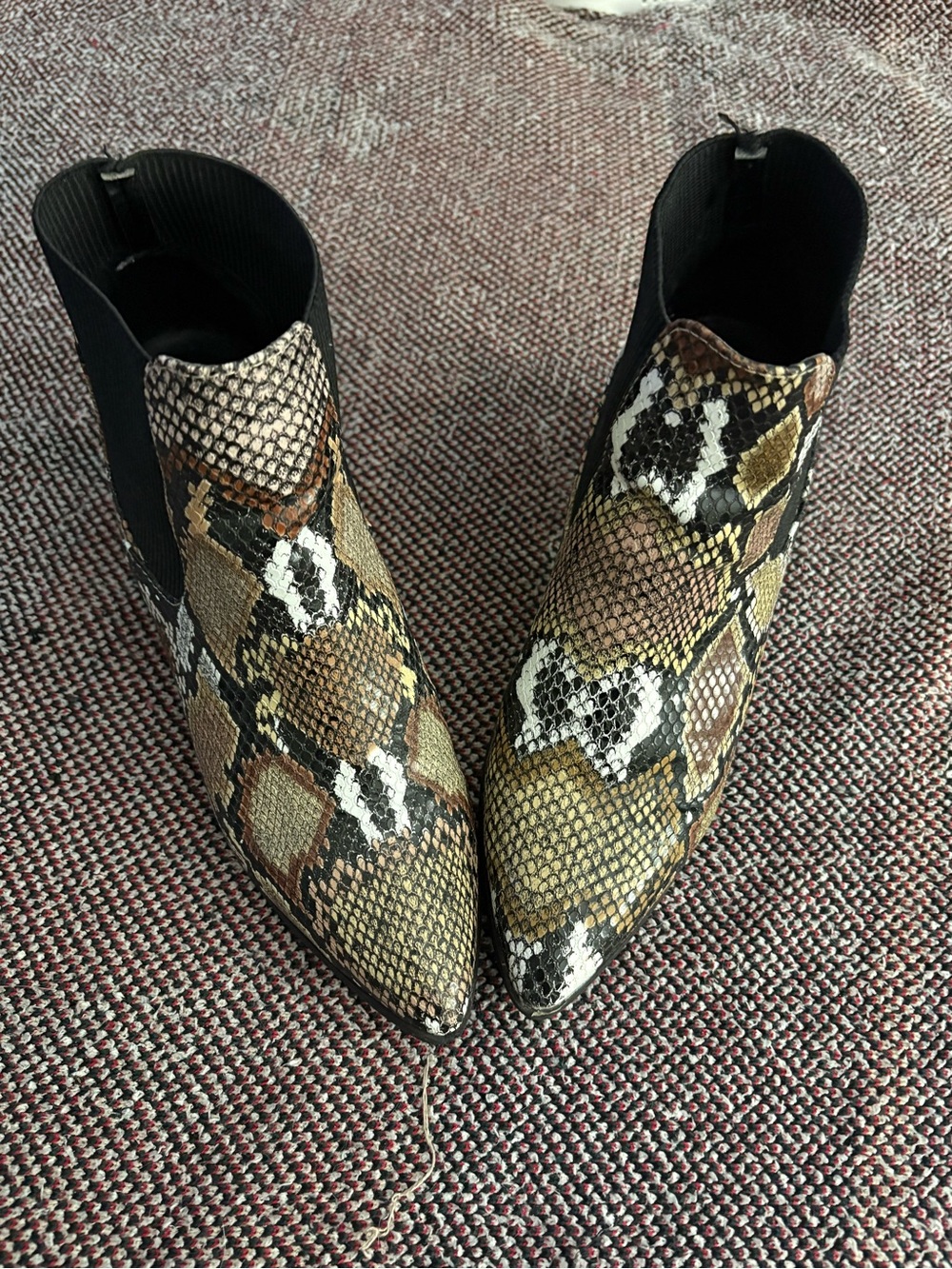 Qupid Snake-Print Pointed Ankle Booties in Brown, Black & Tan